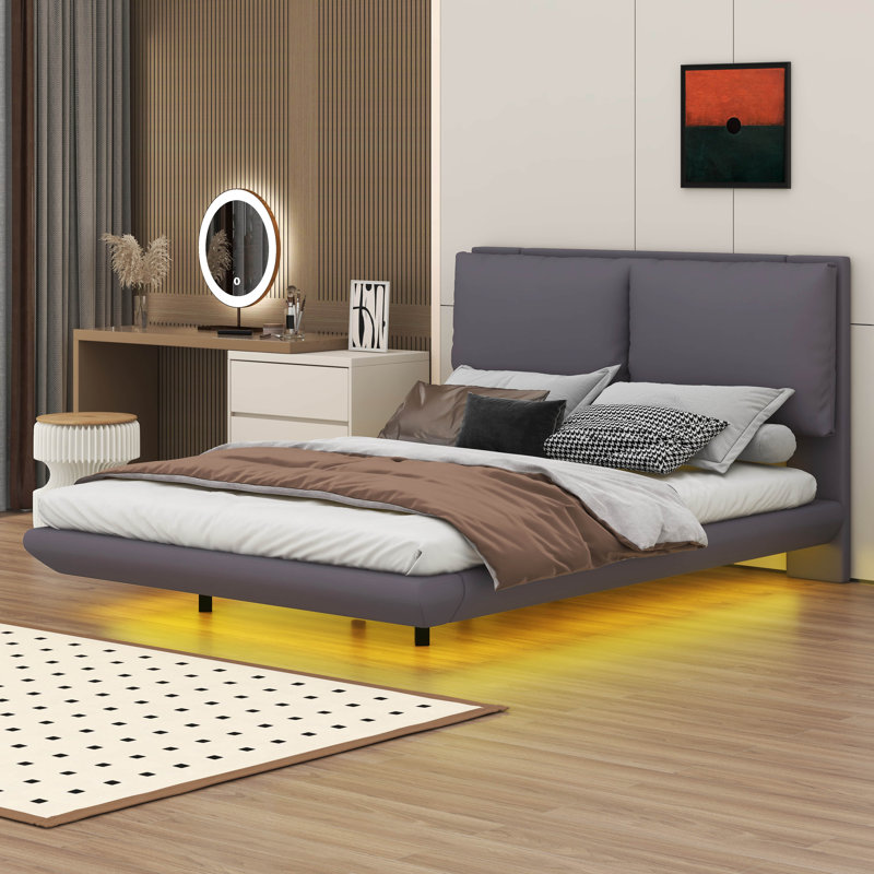 Cymon Full Size Upholstered Platform Bed with Sensor Light, Gray, Full / Double