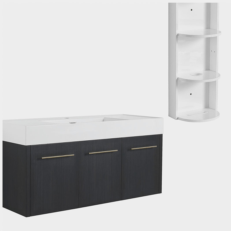 Meuble-lavabo mural 48 po avec lavabo et support de rangement, lavabo en résine à rebords épais, ensemble KD