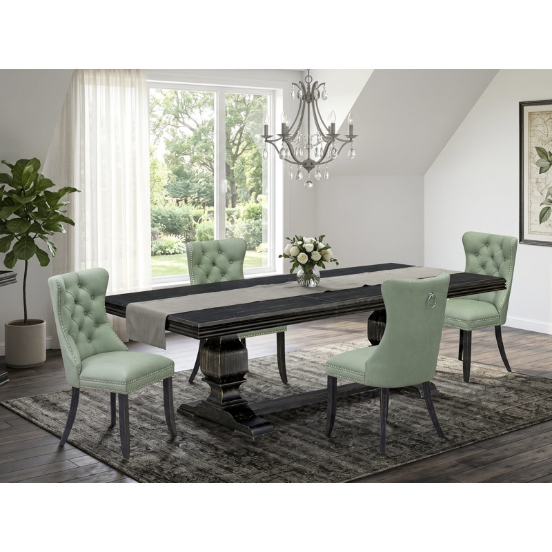 Cet ensemble de salle à manger moderne 5 pièces comprend une table de cuisine rectangulaire et 4 chaises en tissu de polyester vert saule, noir sablé
