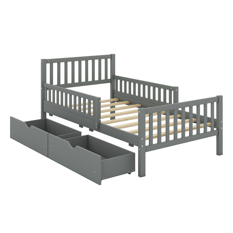 Platform Bed With Guardrails On Both Sides And Two Storage Drawers, Grey, Twin