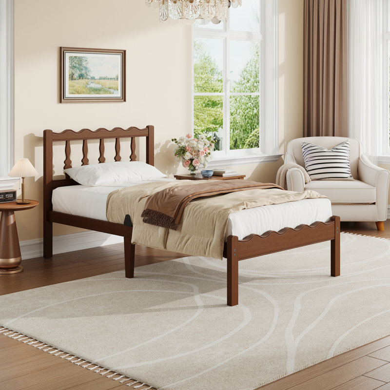 Walnut Finish Solid Wood Twin Xl Bed Frame With Wavy Headboard, No Box Spring Needed, Bamboo & Metal, Extra-Long Twin