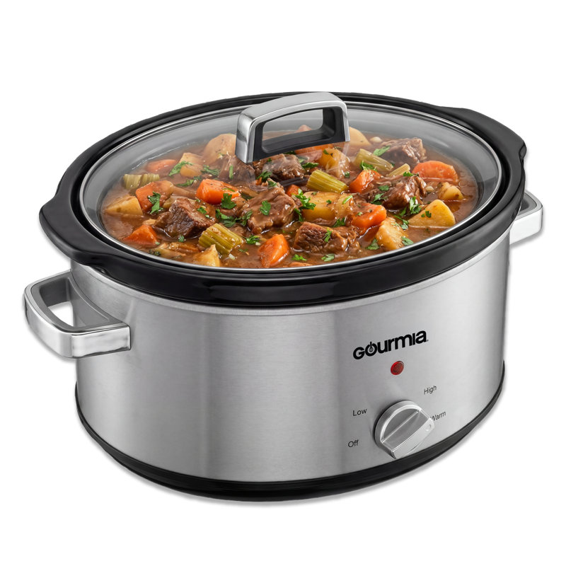 Gourmia 7 Qt Slow Cooker, 3 Heat Settings, Removable Ceramic Pot, Stainless Steel, Stainless Steel