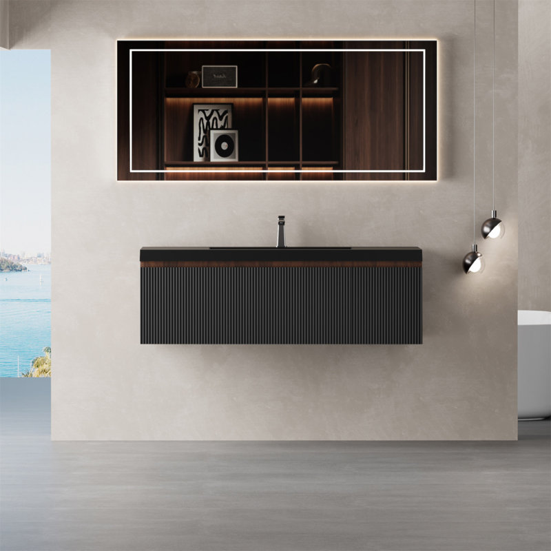 Meuble-lavabo flottant 48 po avec lavabo, armoire de rangement murale moderne avec tiroirs à fermeture en douceur et cuve en quartz noir