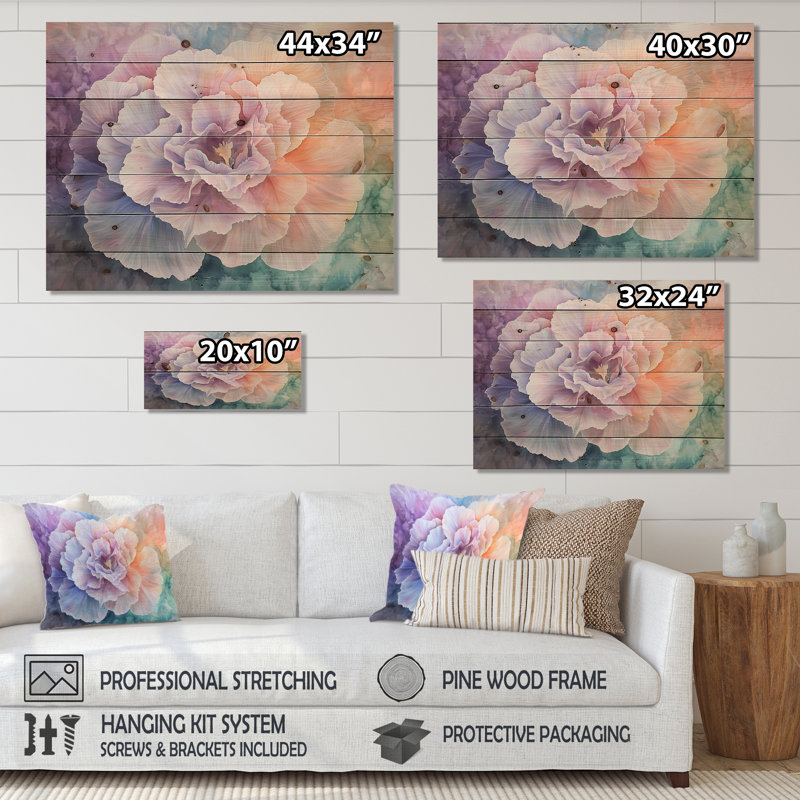 Lavande, étreinte de fleur d'œillet II - impression traditionnelle sur bois mauve sur bois de pin naturel
