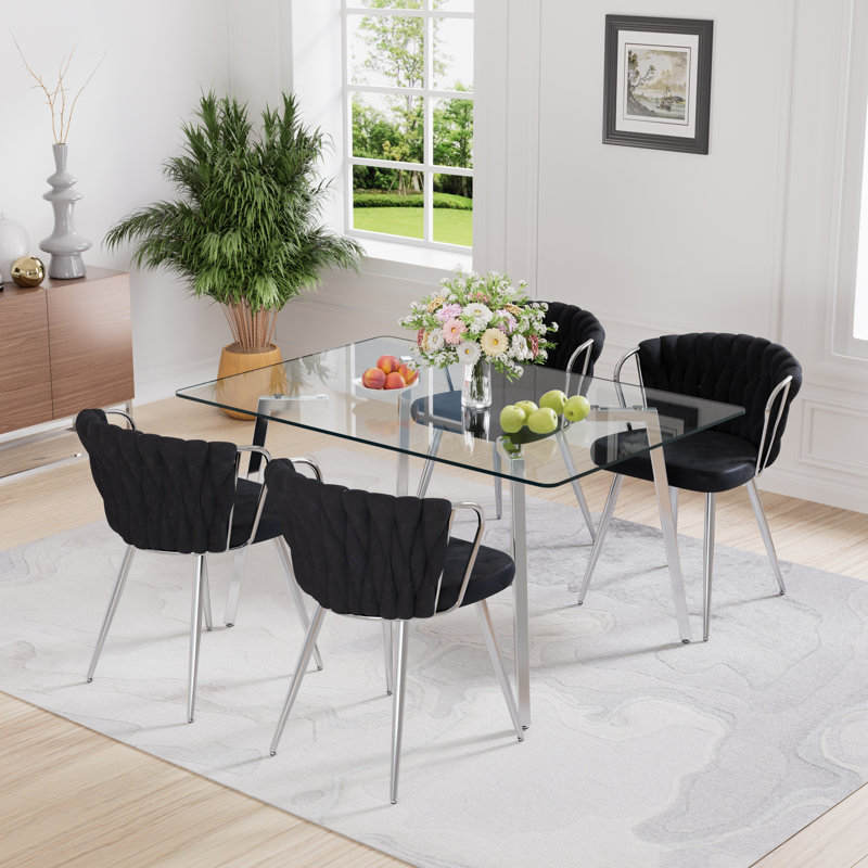 51in Rectangle Glass Top Dining Set, 5, Black
