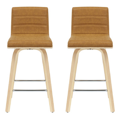 Werth 35.5 In. H Swivel Counter Height Camel Square Back Wood Bar Stool With Faux Leather Seat Set Of 2