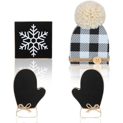 Décoration de table en bois d'hiver - noir / blanc - flocon de neige, gants et chapeau, style campagnard rustique, plateau à niveaux / plateau de table