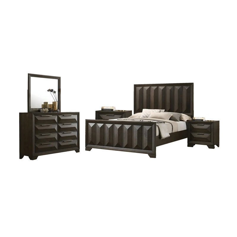 Ensemble de chambre à coucher pour grand lit 5 pièces Fema, panneau à facettes verticales, 2 tables de chevet, brun