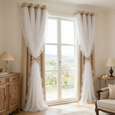 Double Layer Blackout Curtains With Ruffled Sheer Overlay For Girls Bedroom, Room Darkening Window Drapes With Grommets, Shabby Chic Princess Style Decorative Window Treatment