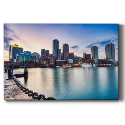8_Horizon de Boston avec le quartier des affaires et le port de Boston au coucher du soleil, toile tendue avec châssis de qualité supérieure - prête à être accrochée