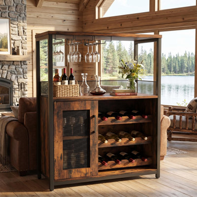 Bar à vin industriel avec support pour 12 bouteilles et porte-verres, armoire à liqueurs pour la cuisine et la salle à manger, buffet à porte en filet, brun rustique