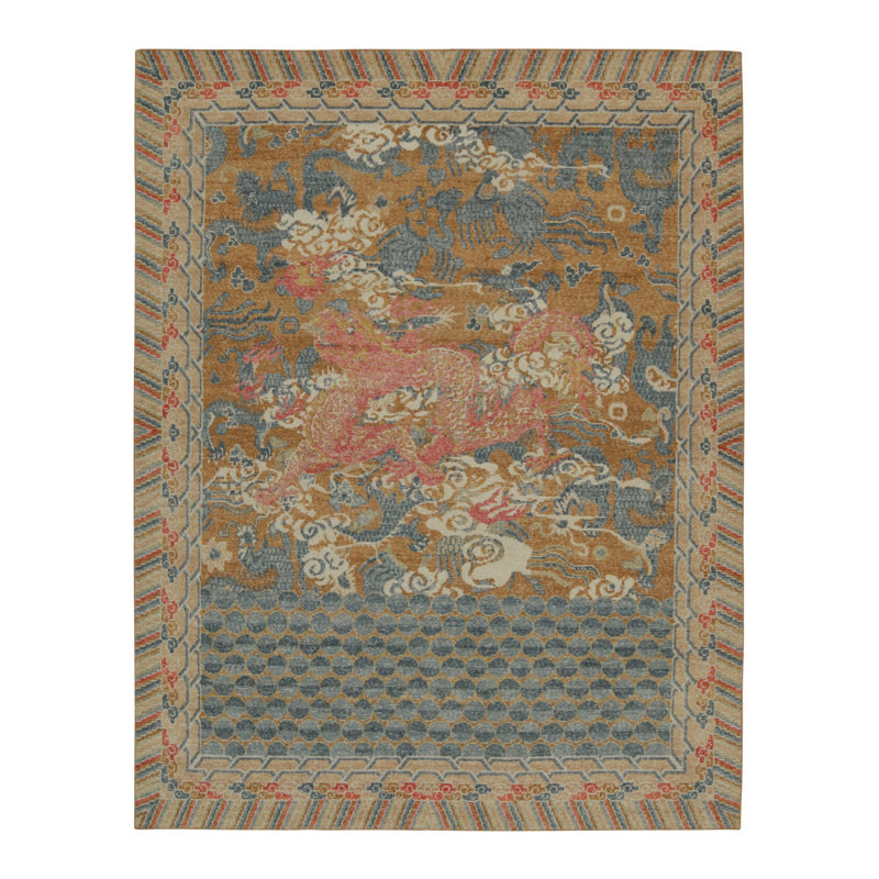 Rug & Kilim’S Distressed Dragon Rug In Ochre, Blue And Red Pictorial, Runner 3' x 8'