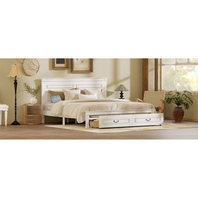 King Size Bed With Tall-Panel Headboard & Footboard, 2 Storage Drawers, Built-In LED Lights, USB Charging Station, Pinewood Bed With Strengthened Bed Frame ,White