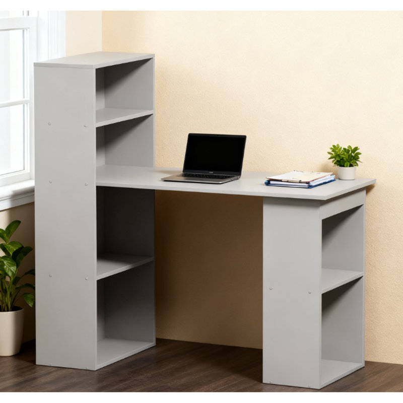 Bureau d'ordinateur compact avec bibliothèque, poste de travail d'écriture pour bureau à domicile, gris