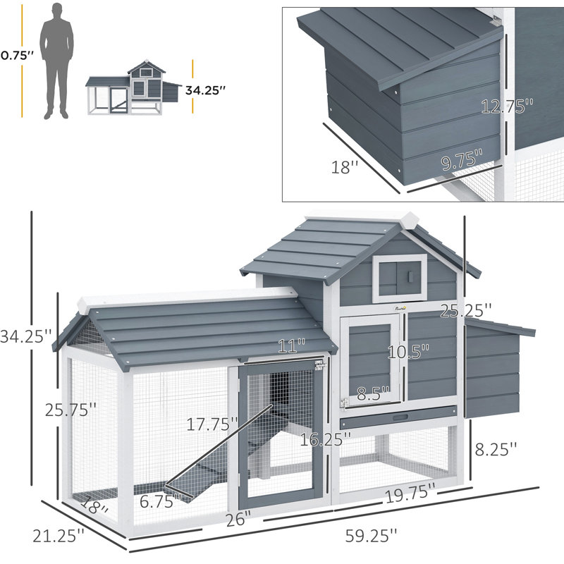 Poulailler 59 po en bois blanc pour la cour arrière - avec nichoir, plateau amovible et abri de construction stable, boîte de nettoyage coulissante compacte