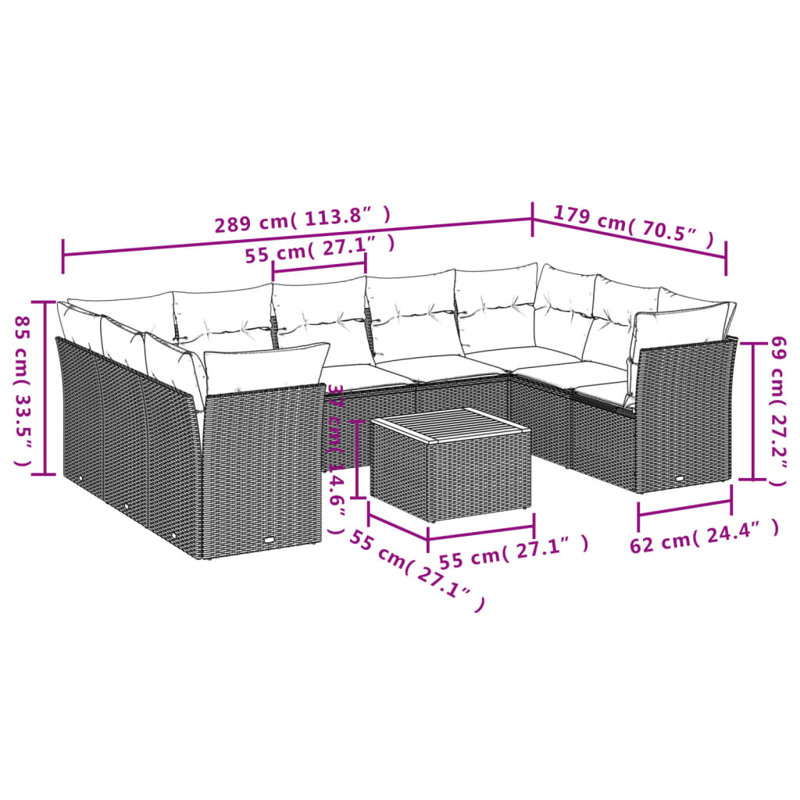 Ensemble de canapé de patio 10 pièces avec coussins en rotin de polyester, Bleu clair, Noir