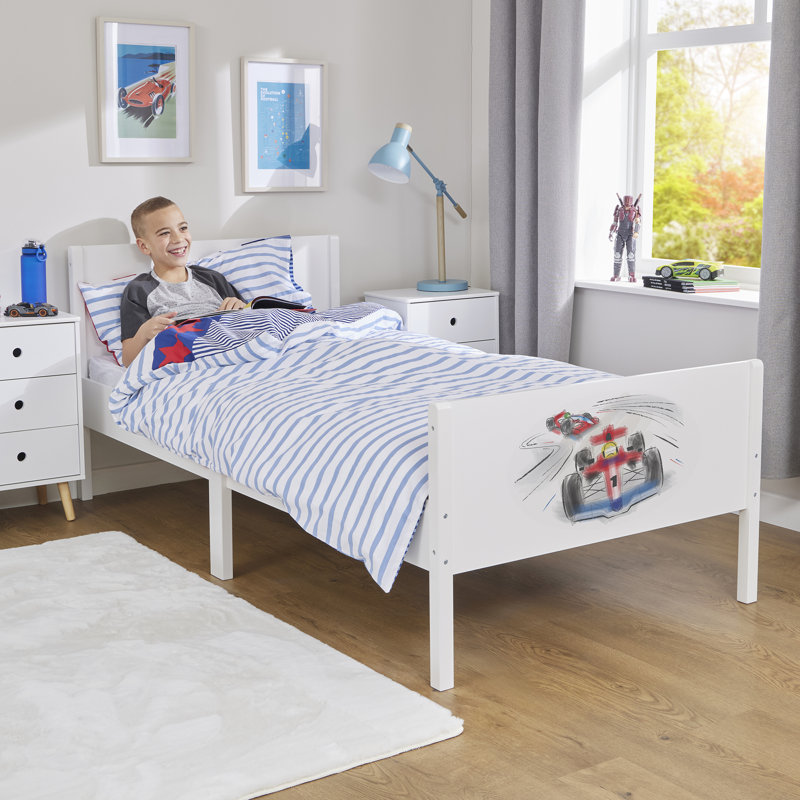 Kids White Single Bed – Racing Cars