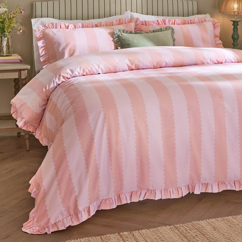 Birdie Stripe Cotton Blend Striped Duvet Cover Set with Pillowcases Included, Pink Striped