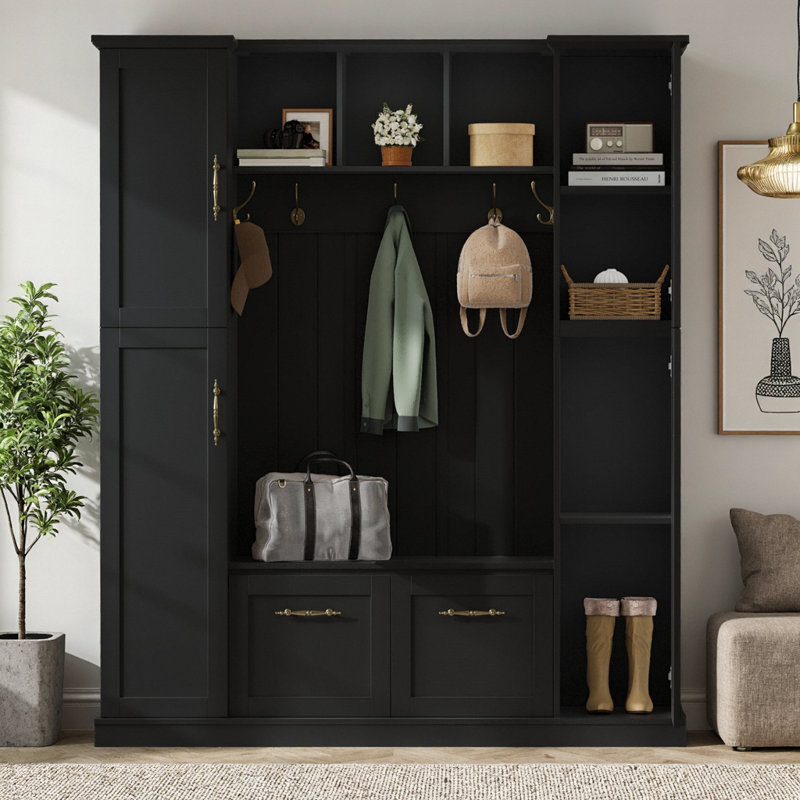 71.2" Farmhouse Hall Tree with 4 Side Cabinets, All-in-One Mudroom Furniture with Adjustable Shelves & Open Cubbies, Beadboard Entryway Bench with Coat Rack & 5 Hooks for Hallway
