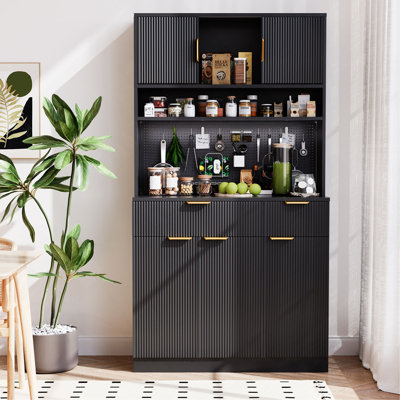 Pantry Cabinet For Living Room, 73" Wooden Fluted Kitchen Microwave Stand Hutch With Storage, Charging Station And DIY Pegboard