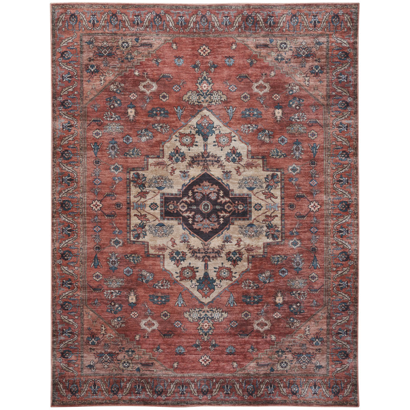 Oriental Machine Woven Machine Washable Polyester Area Rug in Red/Black, Rectangle 7'10" x 9'10"