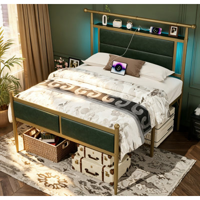Tall Bed Frame with LED Lights and Charging Station,Tall Bed Frame with Headboard,20 Inch Tall Bed Frame,Vintage Style,Heavy Duty Metal Bed Frame,No Box Spring Needed,Easy Assembly