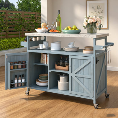 Îlot de cuisine extérieur, chariot à roulettes et armoire de rangement, table de barbecue d'extérieur en bois massif avec plateau en acier inoxydable, support à épices, support à serviettes pour la maison