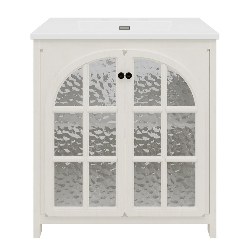 Meuble-lavabo 31 po avec lavabo en céramique, armoire de salle de bain rustique rétro avec poignées et 2 portes à fermeture douce,
