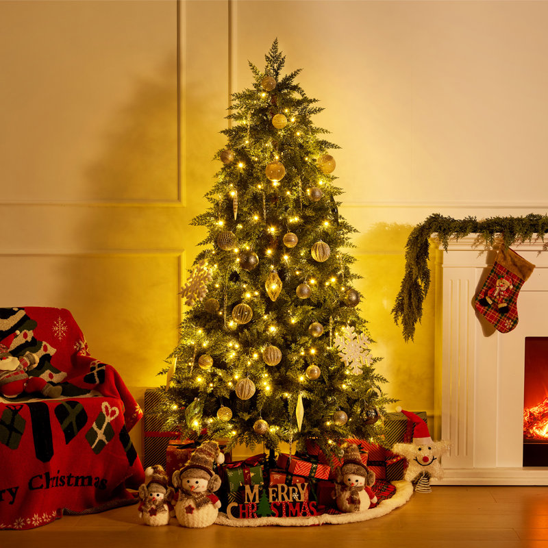 Arbre de Noël en cèdre illuminé 6 pi avec 932 pointes et 350 lumières DEL blanc chaud - Arbre de Noël artificiel en PVC réaliste avec support en métal robuste pour la décoration intérieure