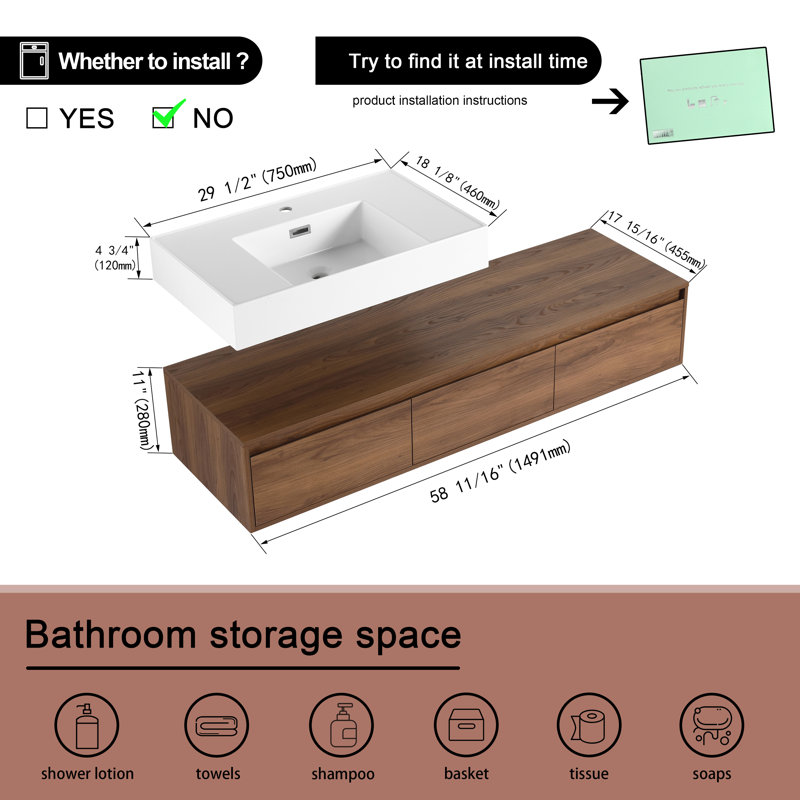Meuble-lavabo simple 60 po avec plateau en résine 60 po