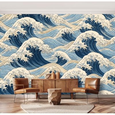 Papier peint adhésif autocollant amovible à vagues japonaises bleues japonaises, papier contact amovible pour salon, chambre à coucher H 69 po x l 96 po