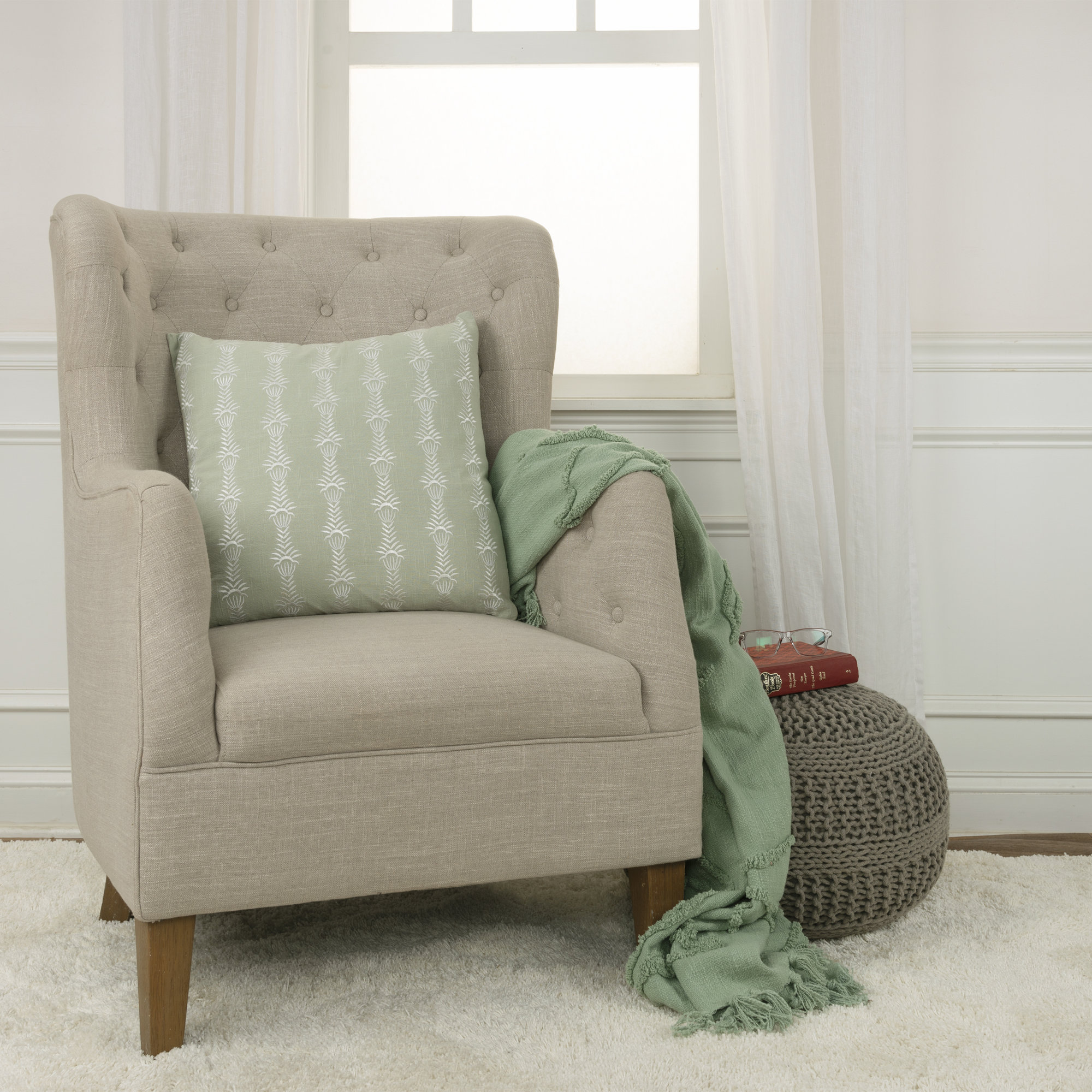 Tasha Embroidered Cotton Throw Pillow, Green/White