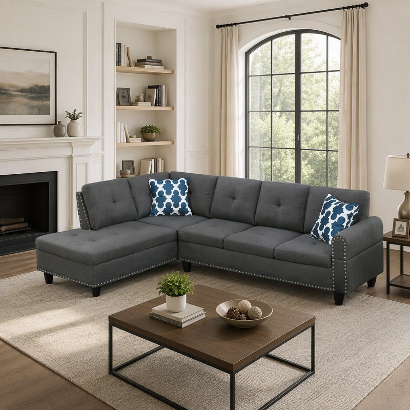 Canapé d'angle en L gris anthracite avec console porte-gobelets, pouf de rangement et coussins décoratifs.