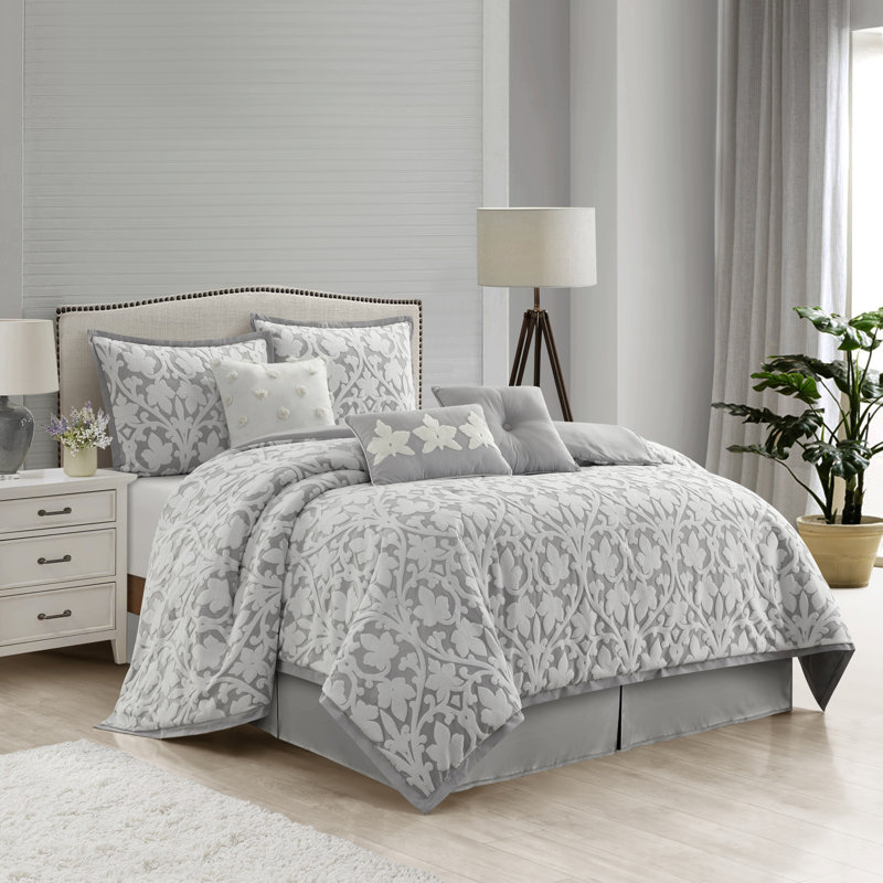 Ensemble d'édredon 7 pièces Adoria, Édredon de grande taille et 6 pièces supplément, Blanc / Gris