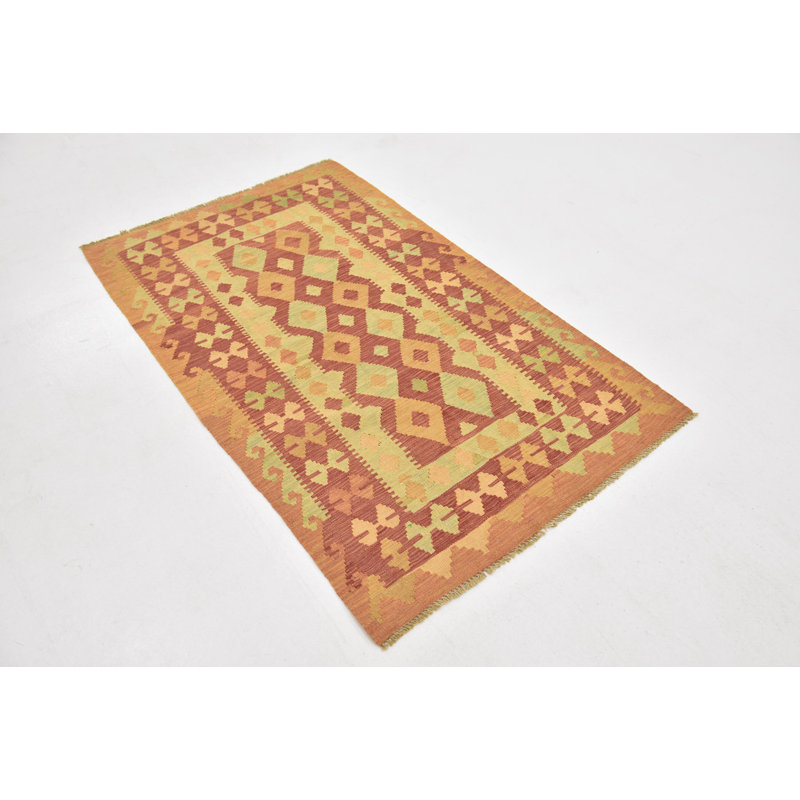 Tapis de la zone en laine beige/rouge 3 pi x 4 pi 10 po one-of-kind à la main noué la Elland