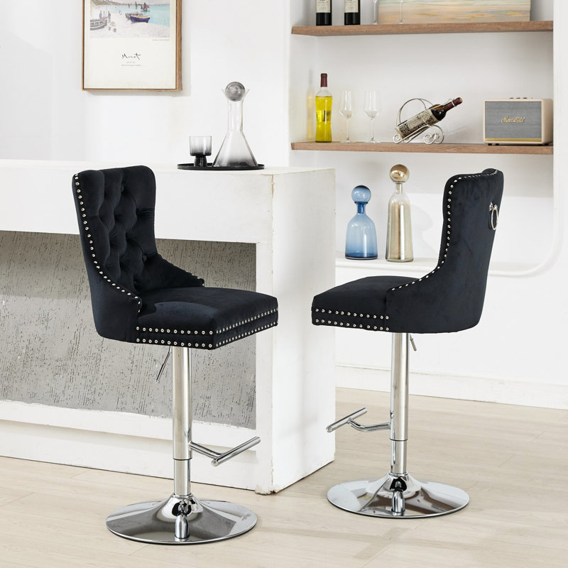 Thick Swivel Velvet Modern Upholstered 25 - 33" Adjustable Height 17.7" Base Buttons Diamond Sponge Spring Seat For Home Pub Kitchen Island Black Of 2