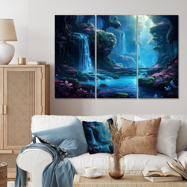 Millwood Pines Blue Green Calming Waterfall On Canvas 3 Pieces Print ...