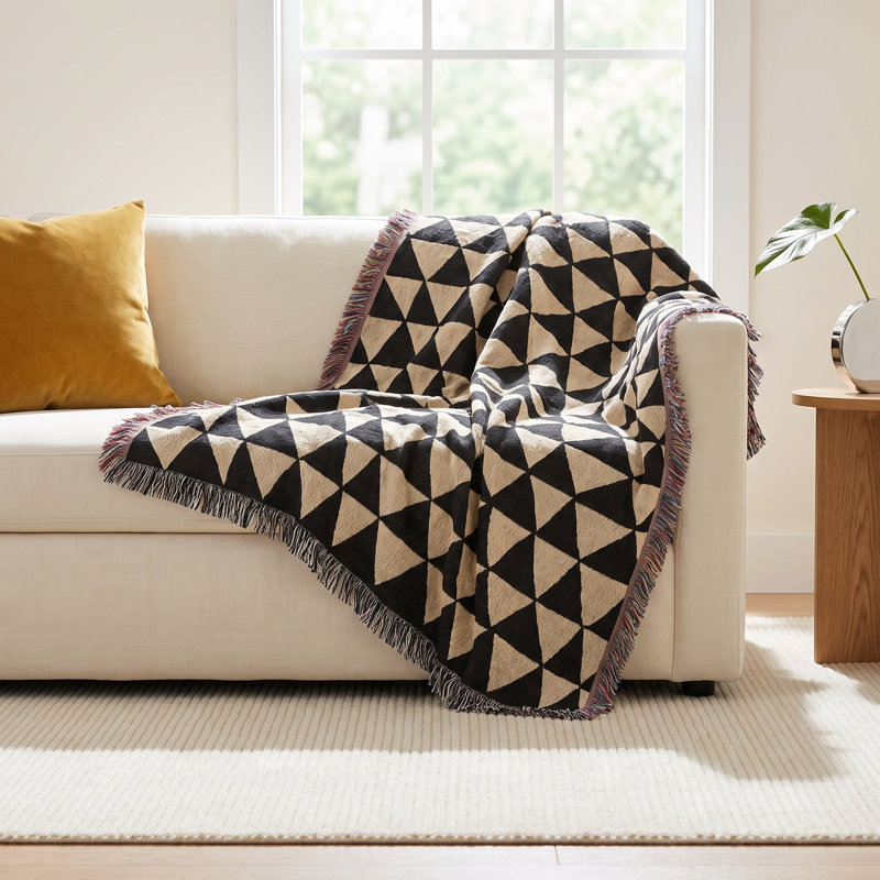Jeté en coton Kelia, Noir / beige, Lit simple