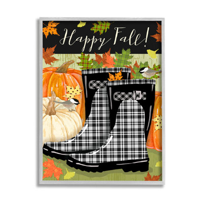 " Happy Fall Phrase Black Rainboots And Pumpkins " by Andrea Tachiera