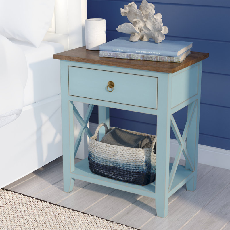 75.44cm W Solid Wood Bedside Table, Aqua