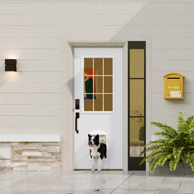 Dalle de porte extérieure en bois massif blanc avec verre transparent 9-Lite et porte pour chien intégrée, avec serrure à clavier à poignée longue noire avec remplacement de clé