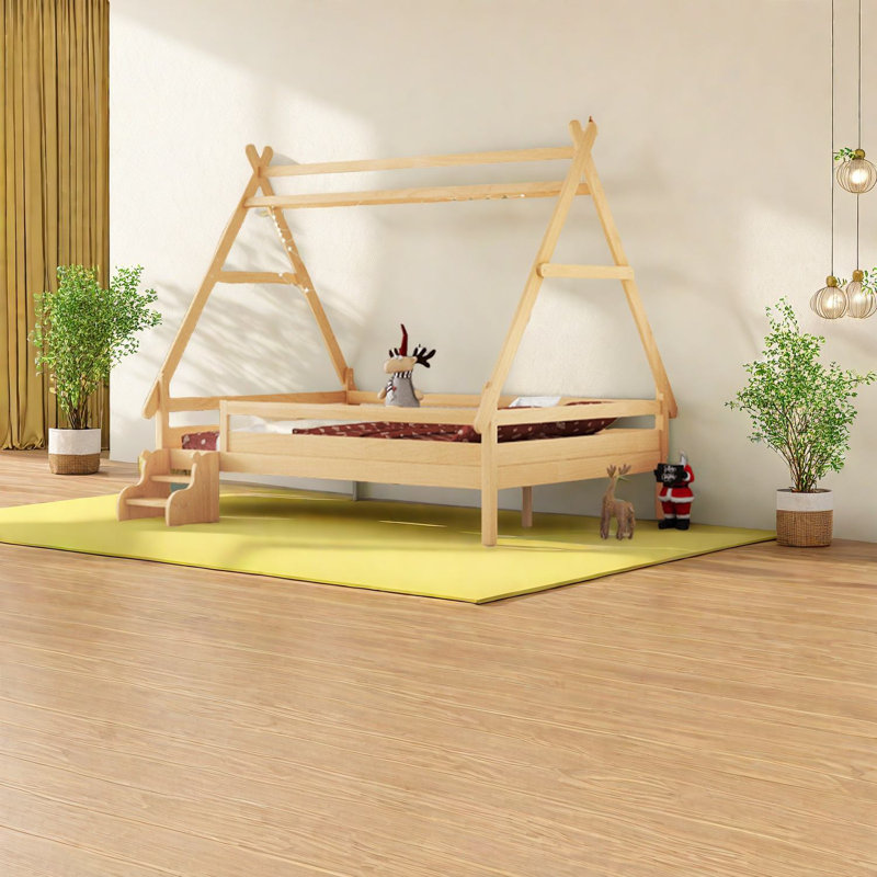 Charmant lit plateforme en bois avec escalier, taille double, design rustique naturel