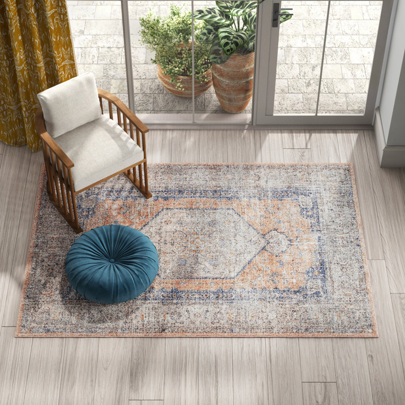 Mattawa Oriental Power Loom Performance Peach/Blue Rug, Rectangle 10' x 14'