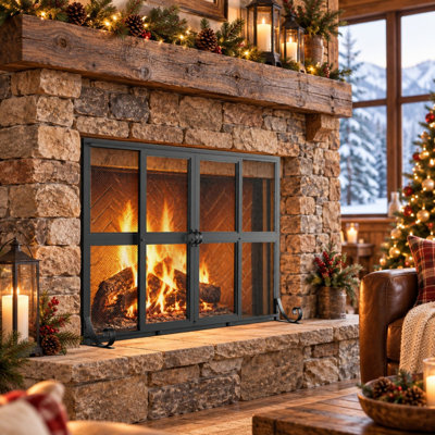 Wrought Iron Fireplace Screen with Sliding Double Doors and Decorative Mesh