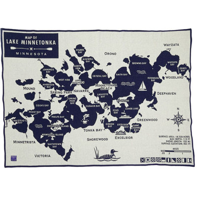 Jeté en laine avec cartes du lac et de la ville Minnetonka