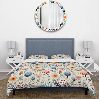 Soft Pastels Flower Accents - Boho Duvet Cover Set - Microfiber Polyester