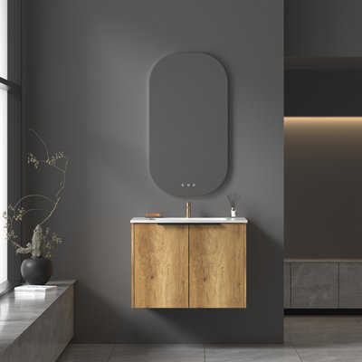 Meuble-lavabo mural flottant 30 po avec lavabo intégré en pierre artificielle et portes à fermeture douce en chêne chaud