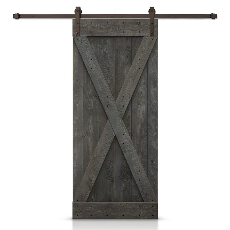 Porte de grange à panneaux et en bois avec quincaillerie d'installation, 42 po x 84 po, Gris carbone, Bronze huilé