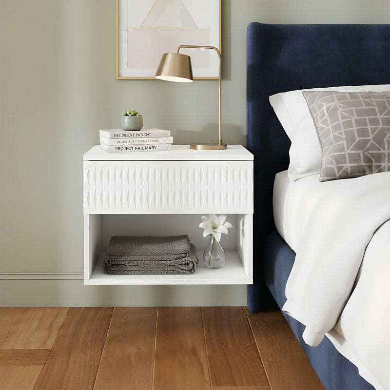 Floating Wood Wall Mounted Nightstand with 1 Storage Drawer and Shelf (Set of 2), White