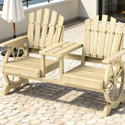 Banc de jardin haut en bois avec pieds de roue de chariot, deux sièges, table centrale et rangement, bois naturel, l 60,6 po x P 25,6 po H 40,2 po, siège confortable en forme de patio à 2 places, parasol, couleur bois de sapin,